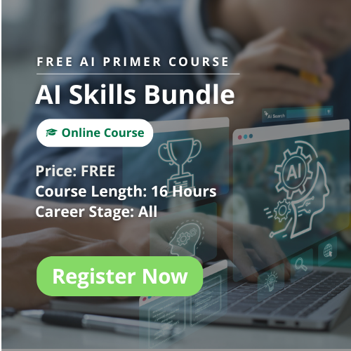 Promotional graphic for a free AI primer titled “AI Skills Bundle,” noting it is an online course with a 16-hour course length, open to all career stages, and featuring a “Register Now” call-to-action button.