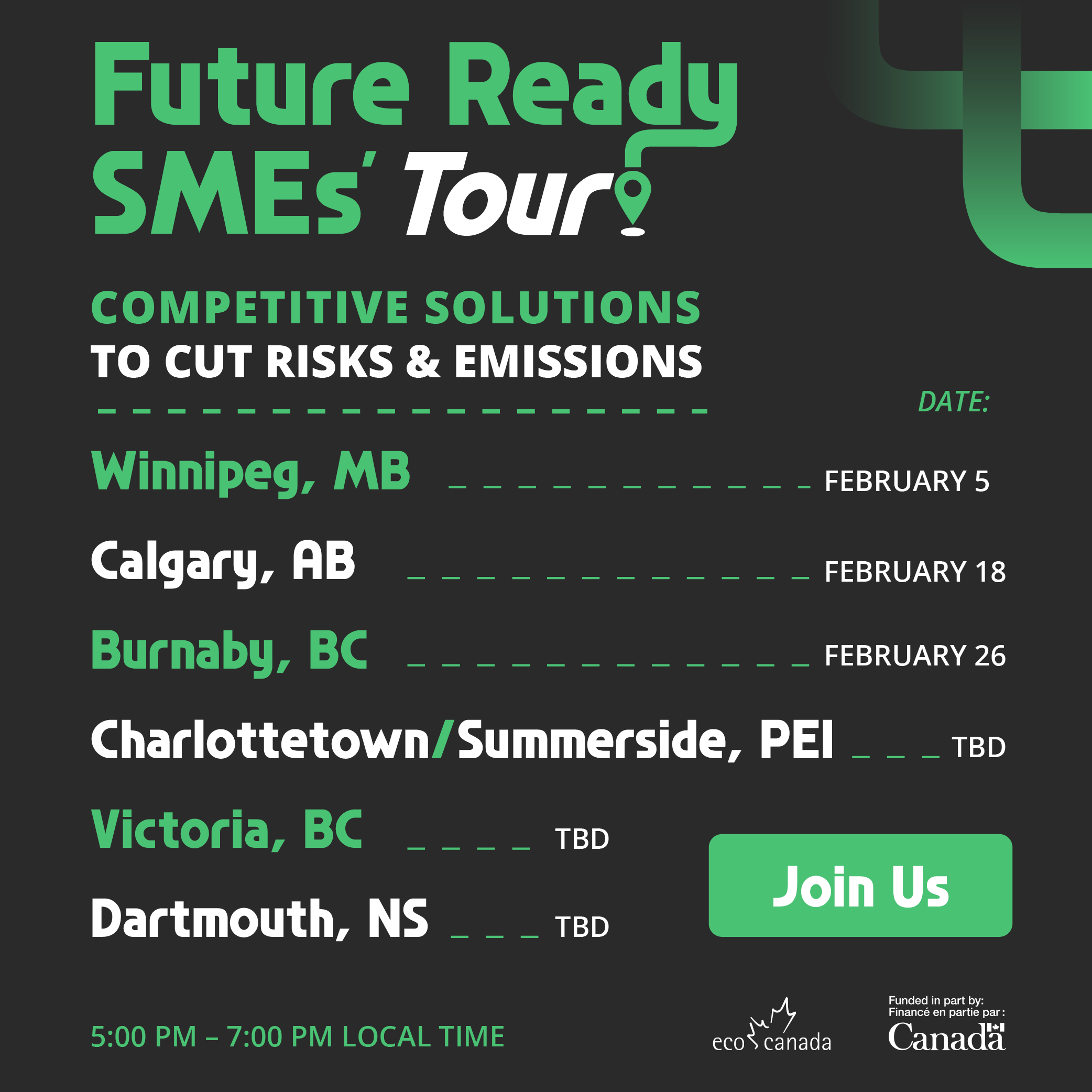 Promotional graphic for the “Future Ready SMEs Tour” highlighting competitive solutions to cut risks and emissions, with a city schedule including Winnipeg, Calgary, Burnaby, Charlottetown/Summerside, Victoria, and Dartmouth, dates listed from February to TBD, a “Join Us” call to action, and logos for ECO Canada and the Government of Canada on a dark green background.