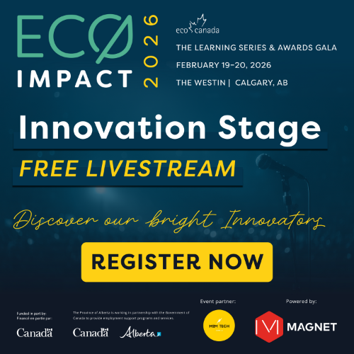 ECO IMPACT 2026 event poster with text: 'Innovation Stage Free Livestream, Discover our bright Innovators, Register Now.' Blue background with microphone and partner logos.