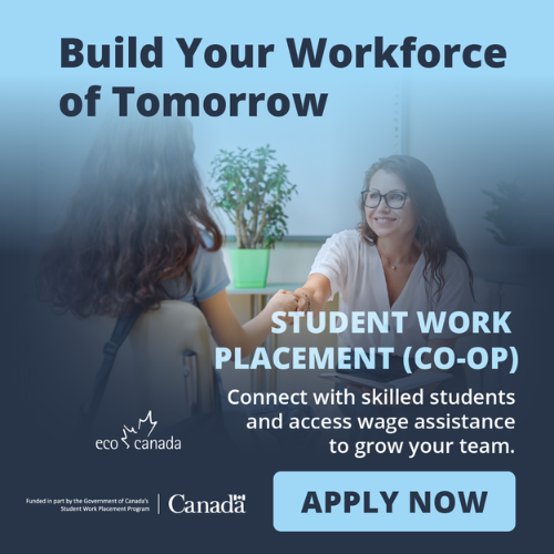 Banner with text “Grow your team, not your costs! Up to 70% of student wages covered for environmental roles.” Apply now button, ECO Canada logo, and image of two professionals shaking hands across a desk.