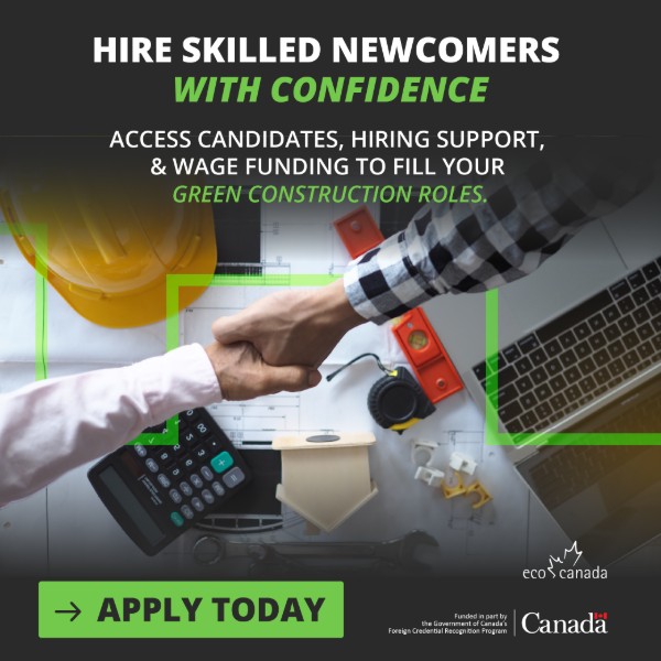 Banner promoting hiring skilled newcomers in construction, featuring a handshake over a desk with tools and a laptop, and a call-to-action button that says “Apply Today.”