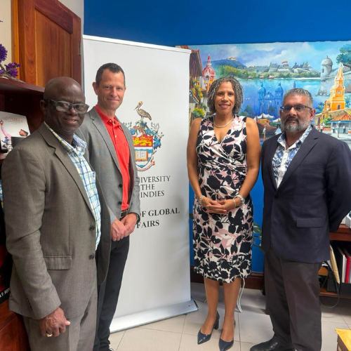 Prof. Ibrahim Ajagunna, Kevin Nilsen, Pro-Vice Chancellor Sandrea Maynard, and Devant Maharaj meeting to discuss collaboration between Canada and Jamaica