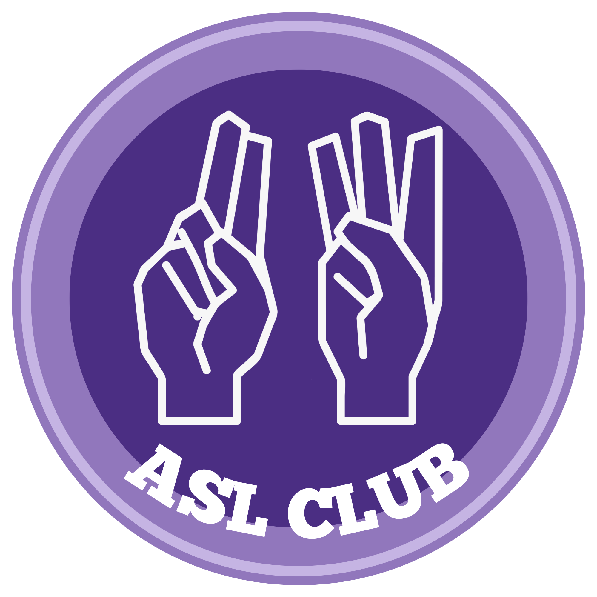 circular logo with a split dark purple and light purple of hands signing U and W in ASL all in white. ASL Club in a friendly font written below in a curved shape.  
