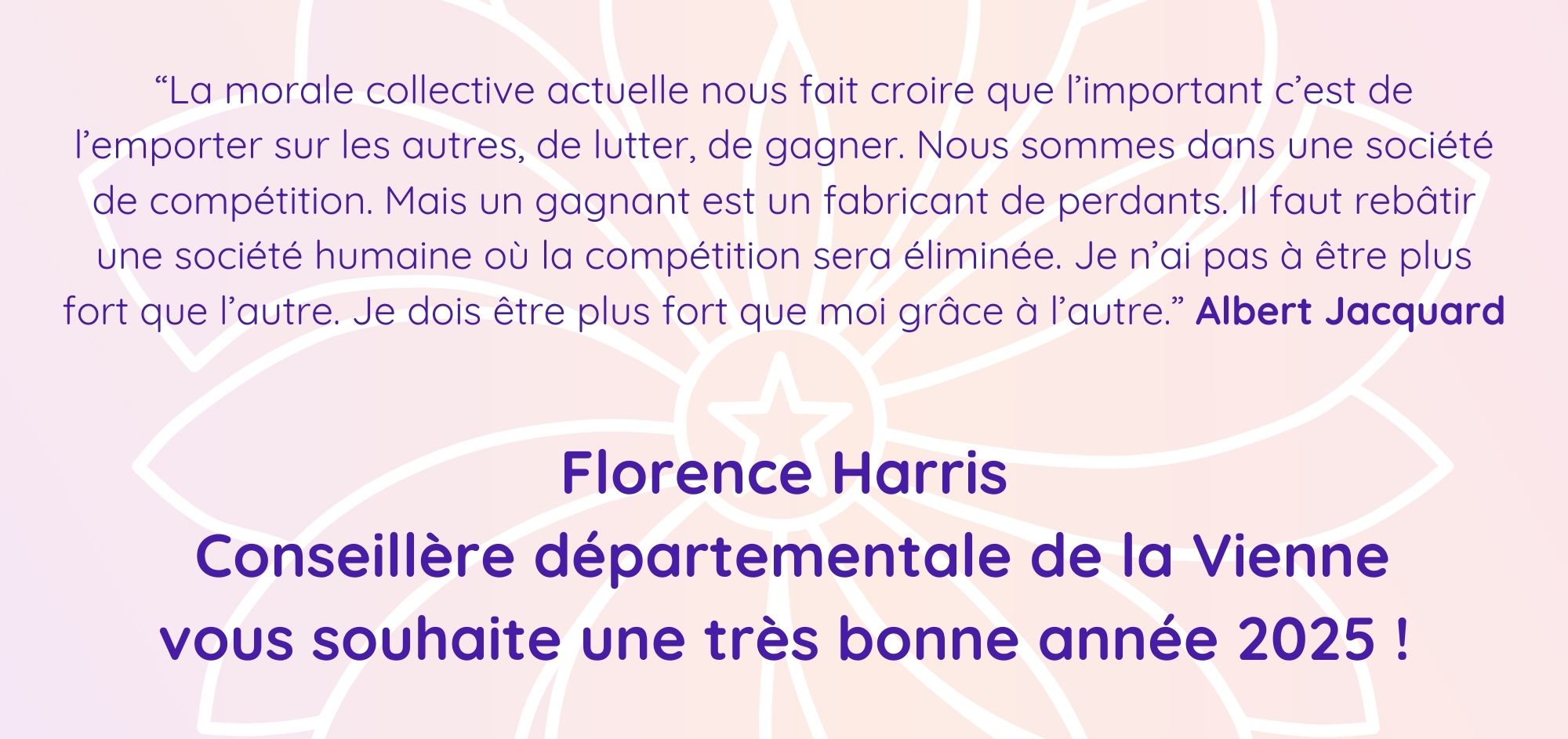 Recto de la Carte de voeux avec une citation d'Albert Jacquard sur la société de compétition