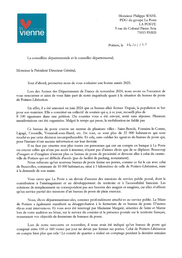 Photo de la lettre envoyée à M. Wahl (1ère page)