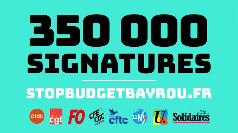 Image de la pétition intersyndicale qui indique que le cap des 350 000 signatures a été atteint !