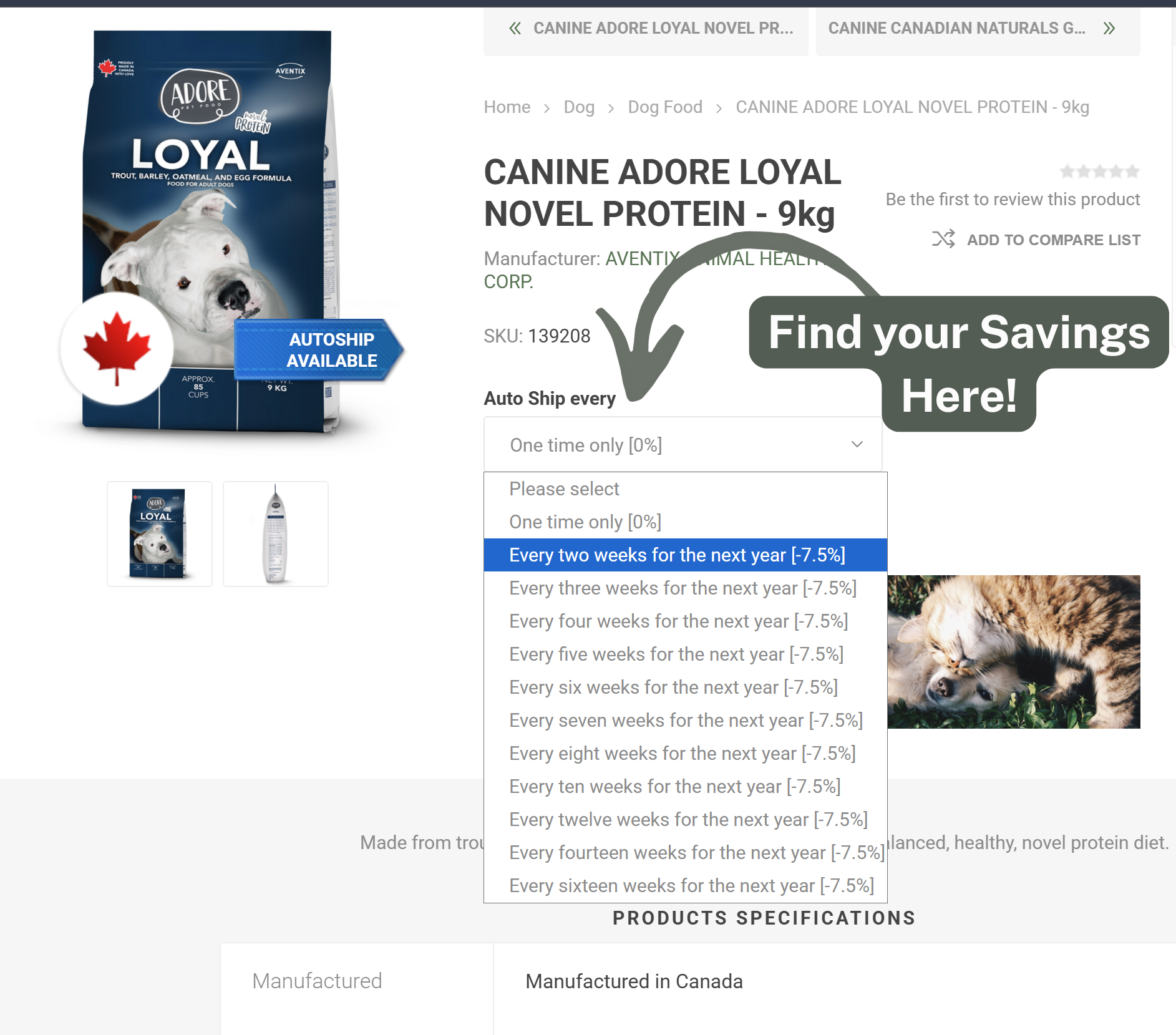 Auto-ship dropdown showing discount percentages