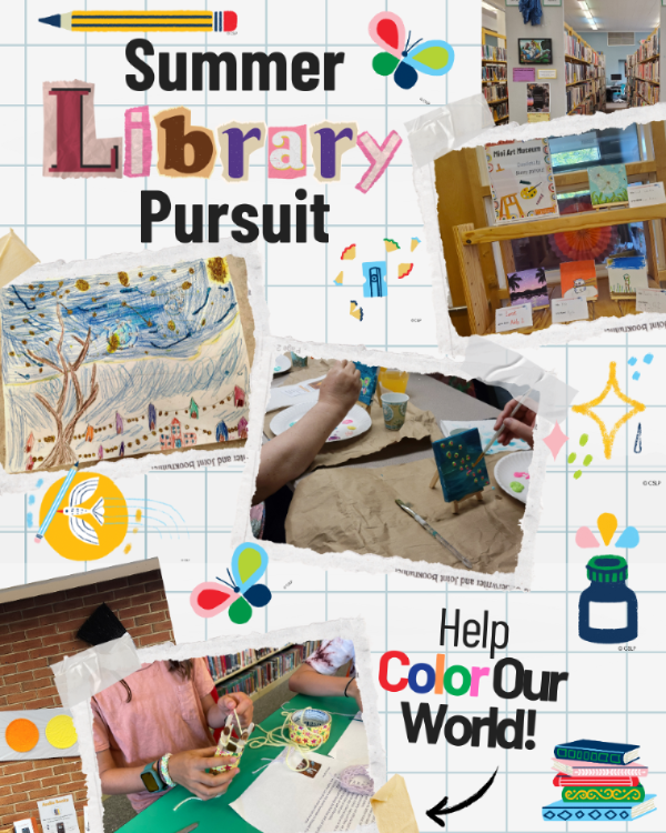 Summer Library Pursuit. Pictures of art created by library patrons in Philipsburg, Bellefonte, and Centre Hall. Help Color Our World. Graphics of art supplies, books, butterflies, and a flying bird.
