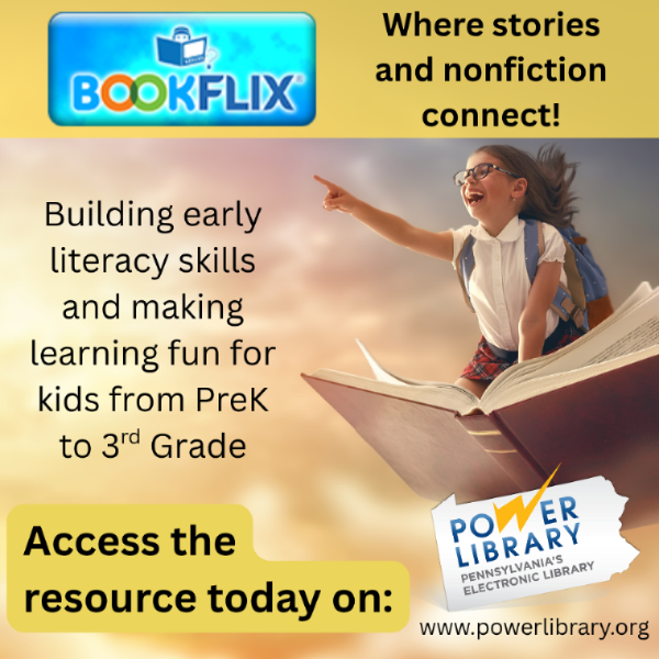 Bookflix. Where stories and nonfiction connect! Building early literacy skills and making learning fun for kids from PreK to 3rd Grade. Access the resource today on: POWER Library, www.powerlibrary.org. Background photo with a girl riding on a giant book like its a magic carpet in a sunset colored sky.