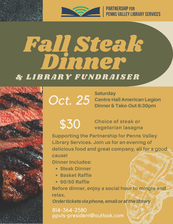 PPVLS Fall Steak Dinner & Library Fundraiser poster. Details provided below image.