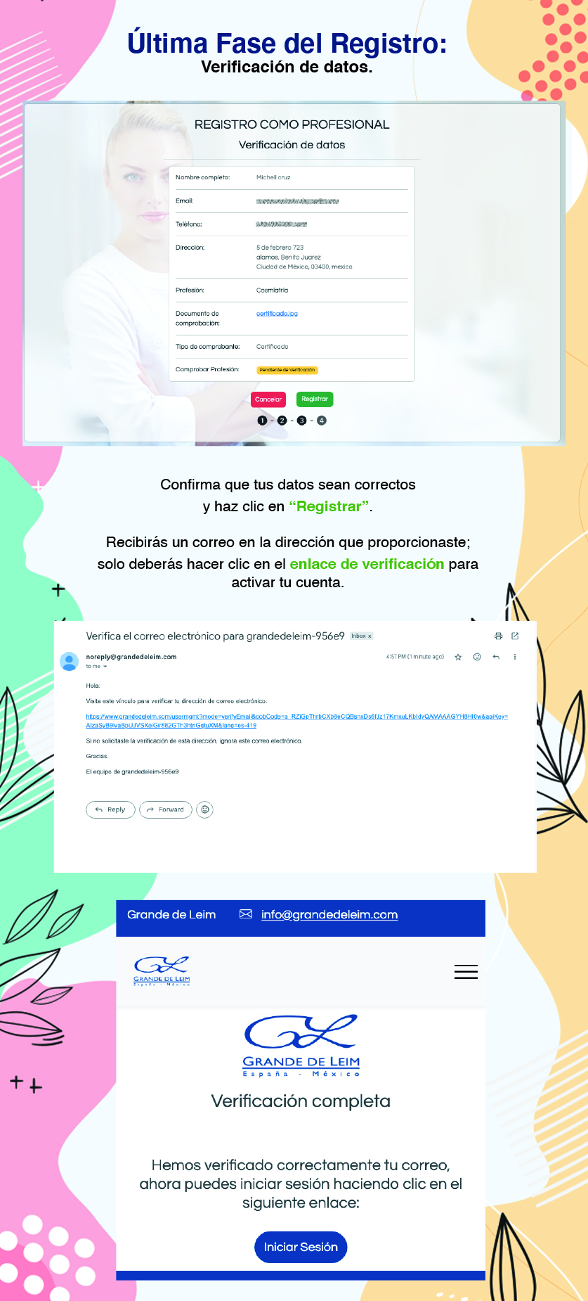 Última Fase del Registro: Verificación de datos. Confirma que tus datos sean correctos y haz clic en “Registrar”. Recibirás un correo en la dirección que proporcionaste; solo deberás hacer clic en el enlace de verificación para activar tu cuenta.