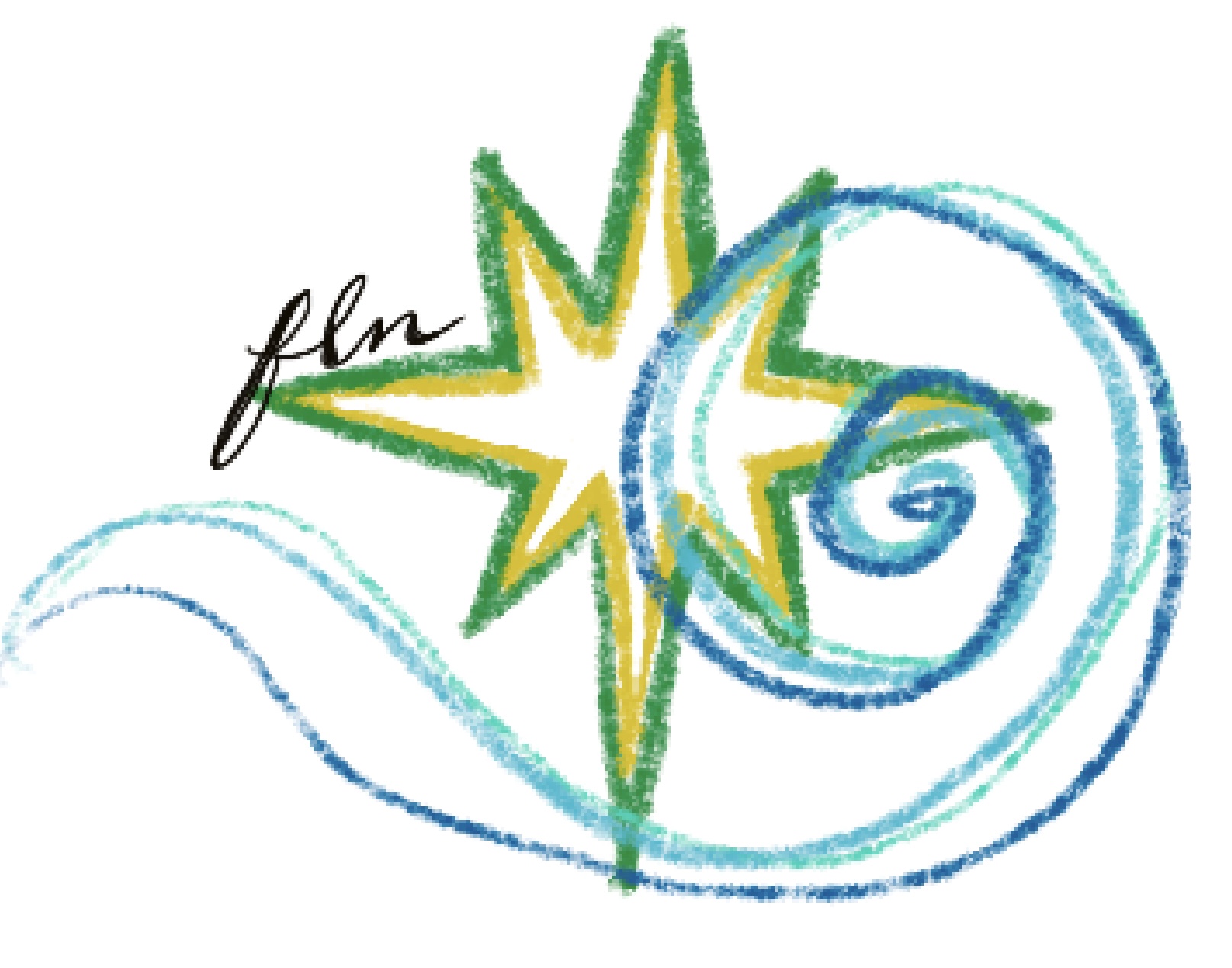 flowing like nature icon: green and yellow north star with blue spiral