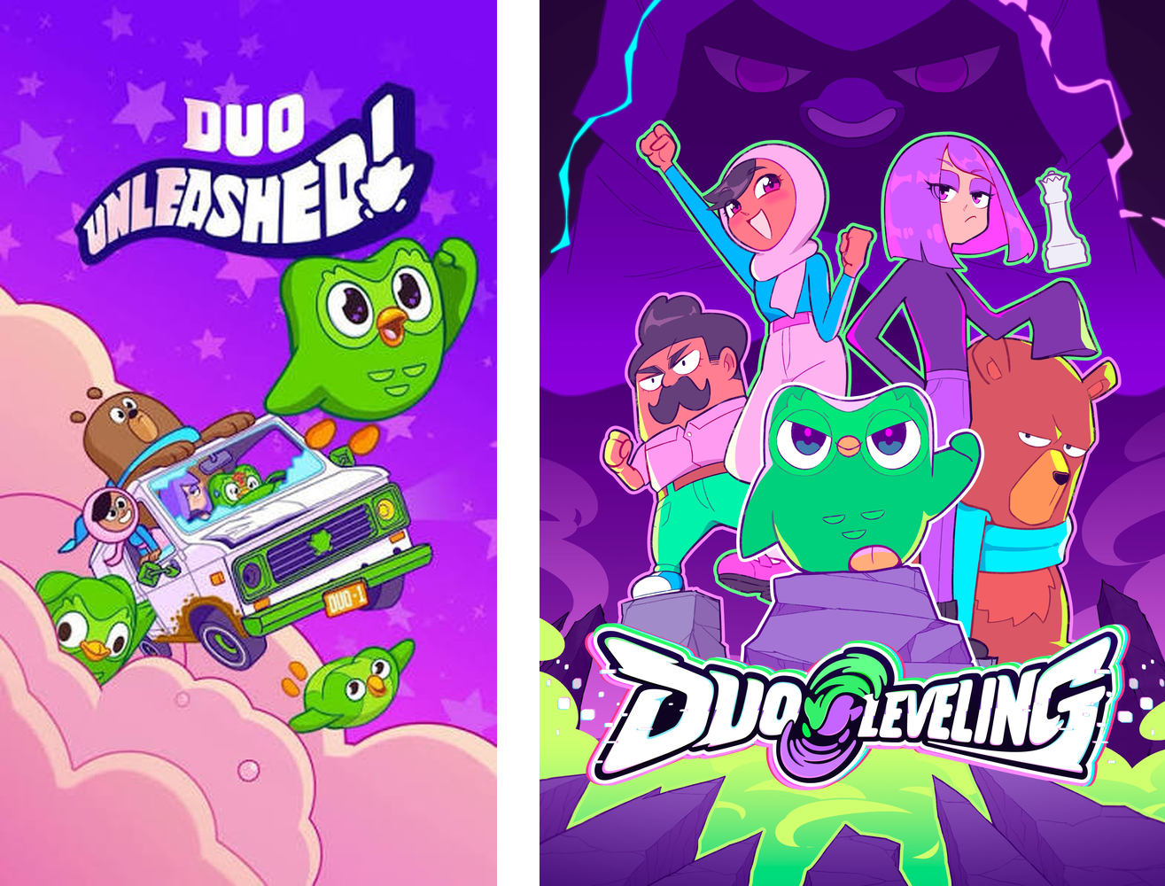 시즌1 Duolingo Unleashed / 시즌2 Duo Leveling 포스터