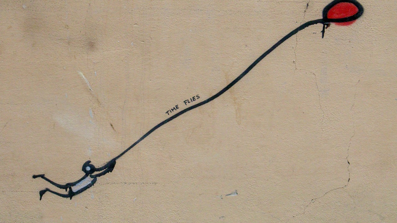 Illustration of a stick figure trying to keep a red balloon that is flying away. Text: time flies.