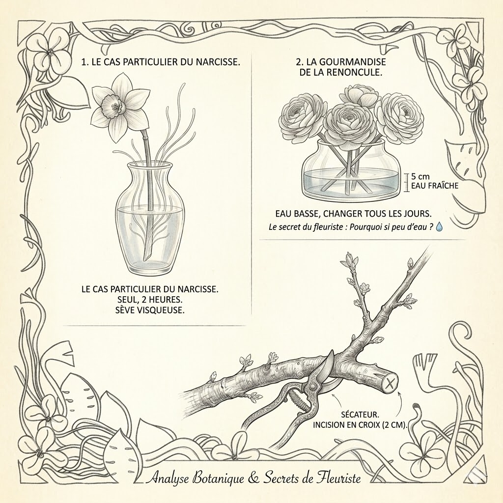 Analyse botanique et secrets de fleuriste — narcisse, renoncule, branche — La Lunaire