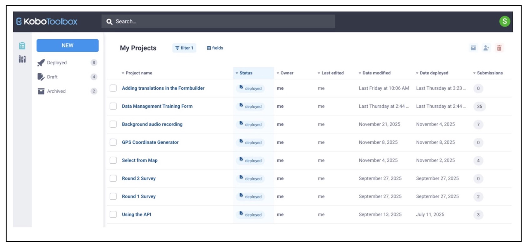 Tela 1 — Painel de projetos KoboToolbox