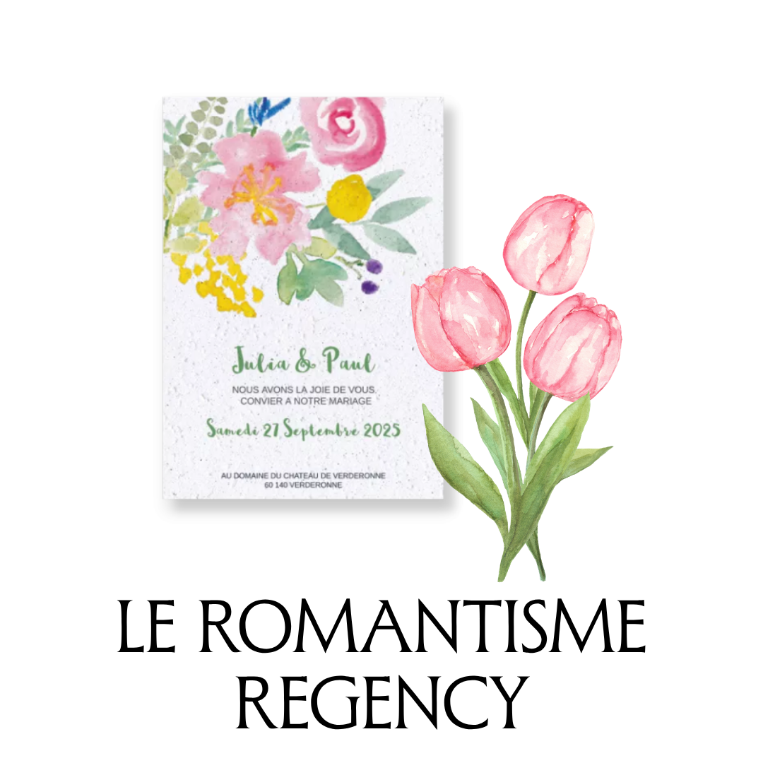 Faire-part de mariage à planter Un air printanier, tendance romantisme Regency 2027