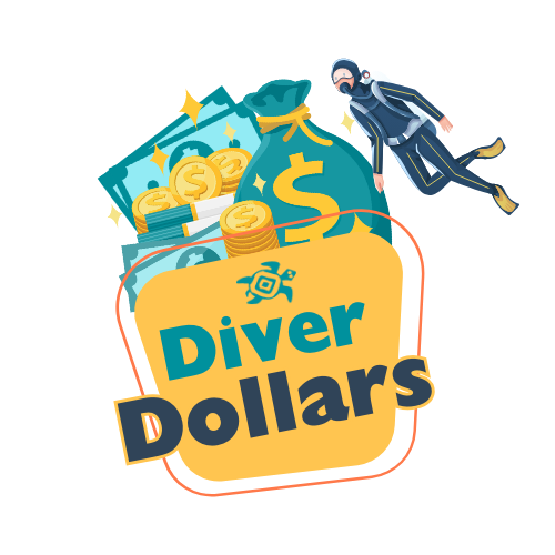 Diver Dollars Logo - Diver character going towards money bag