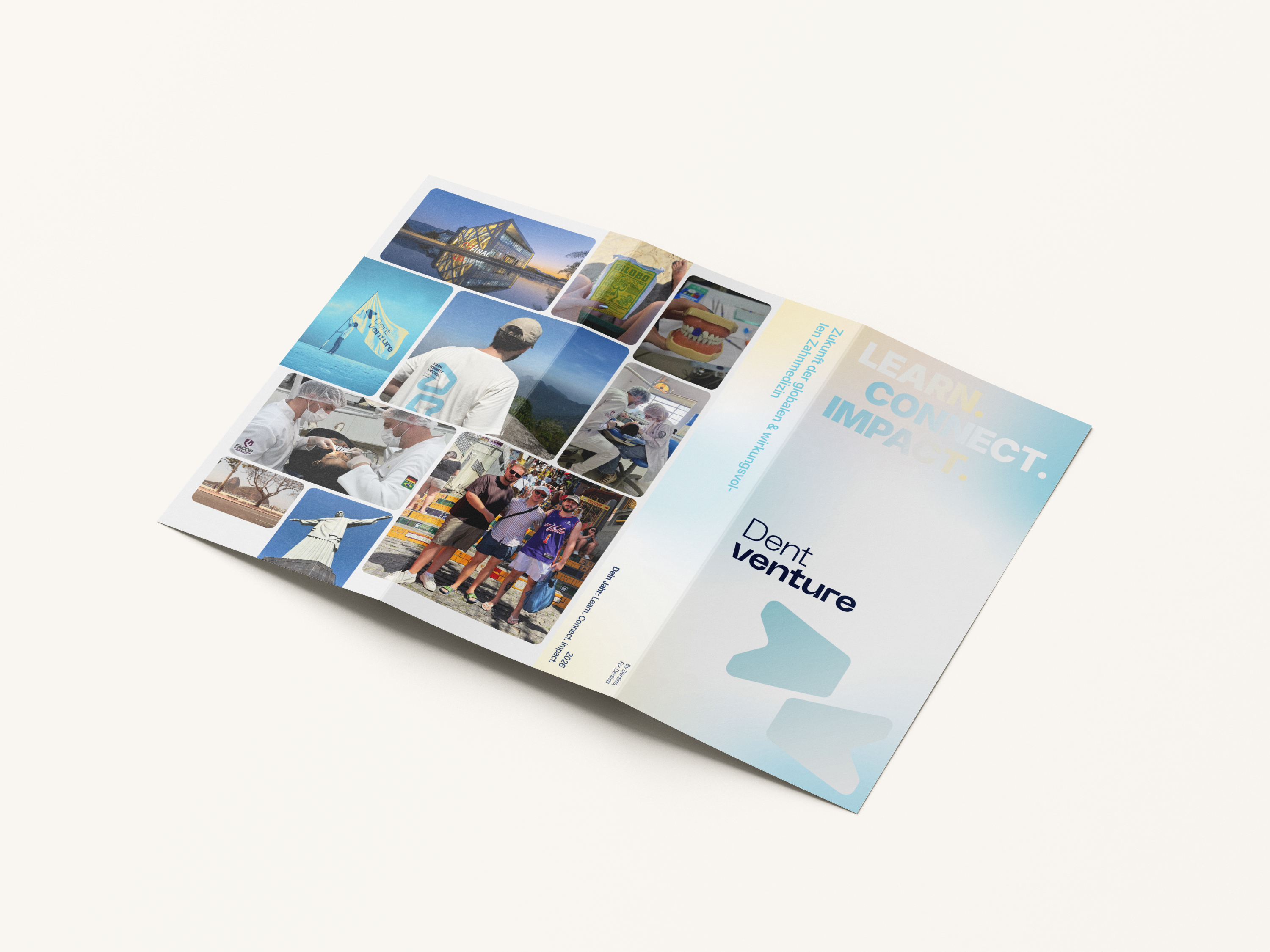 A Z-fold flyer fully open, showing its cover art with pictures of beautiful moments of Dentventure Programs