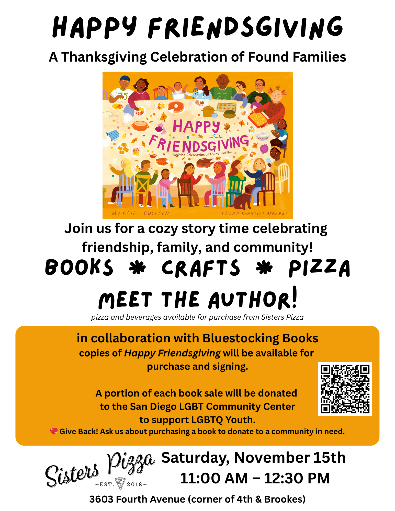 Happy Friendsgiving book event and San Diego LGBTQ fundraiser at Sisters Pizza flyer.