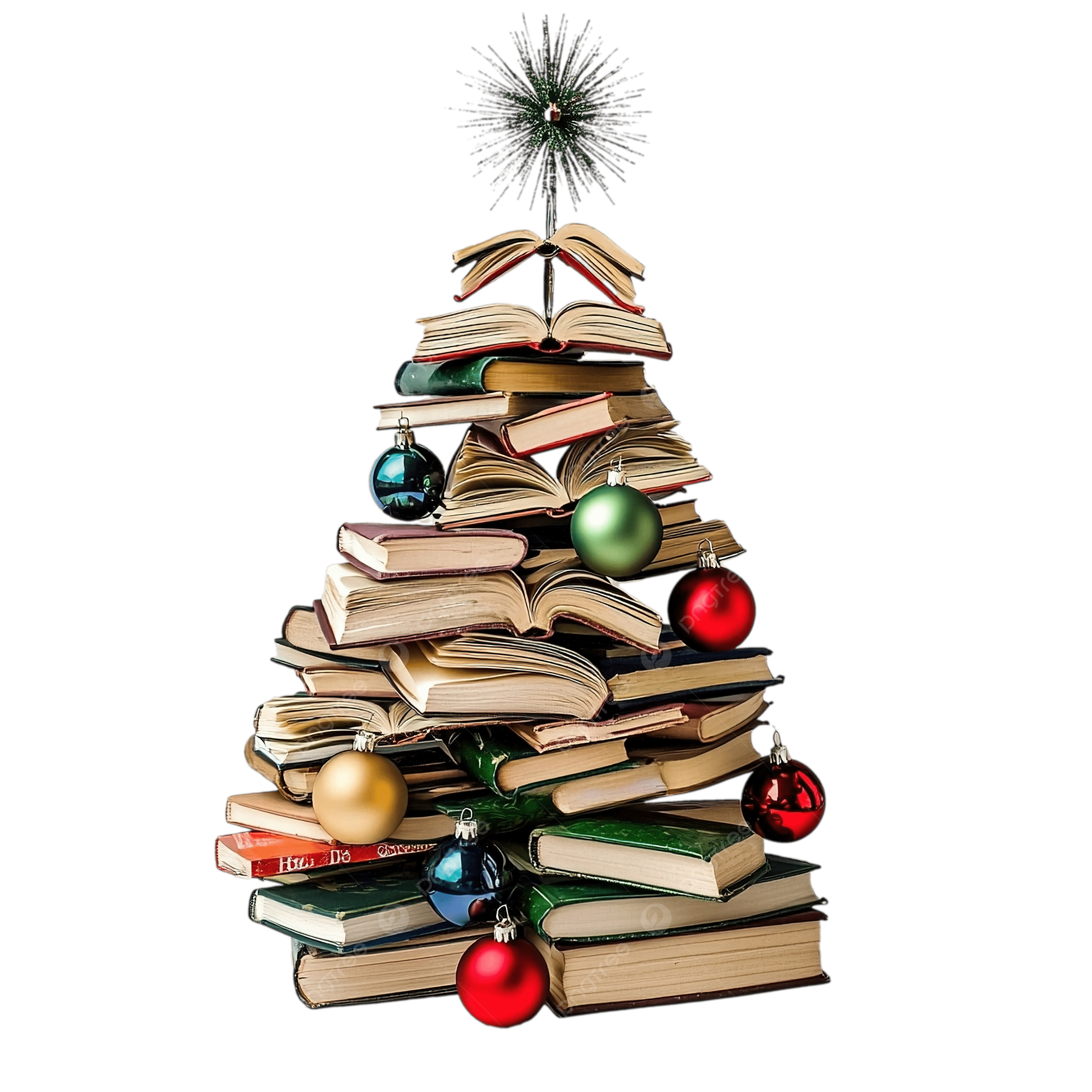 Christmas tree made of stacked books.