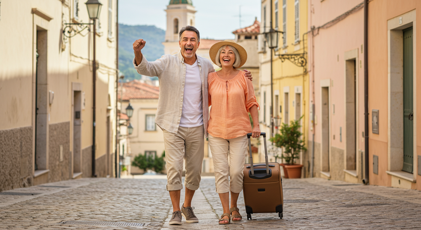Retired couple arriving at destination