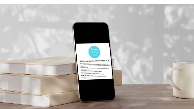 Email auf Handy mit Buch und Kaffeetasse 