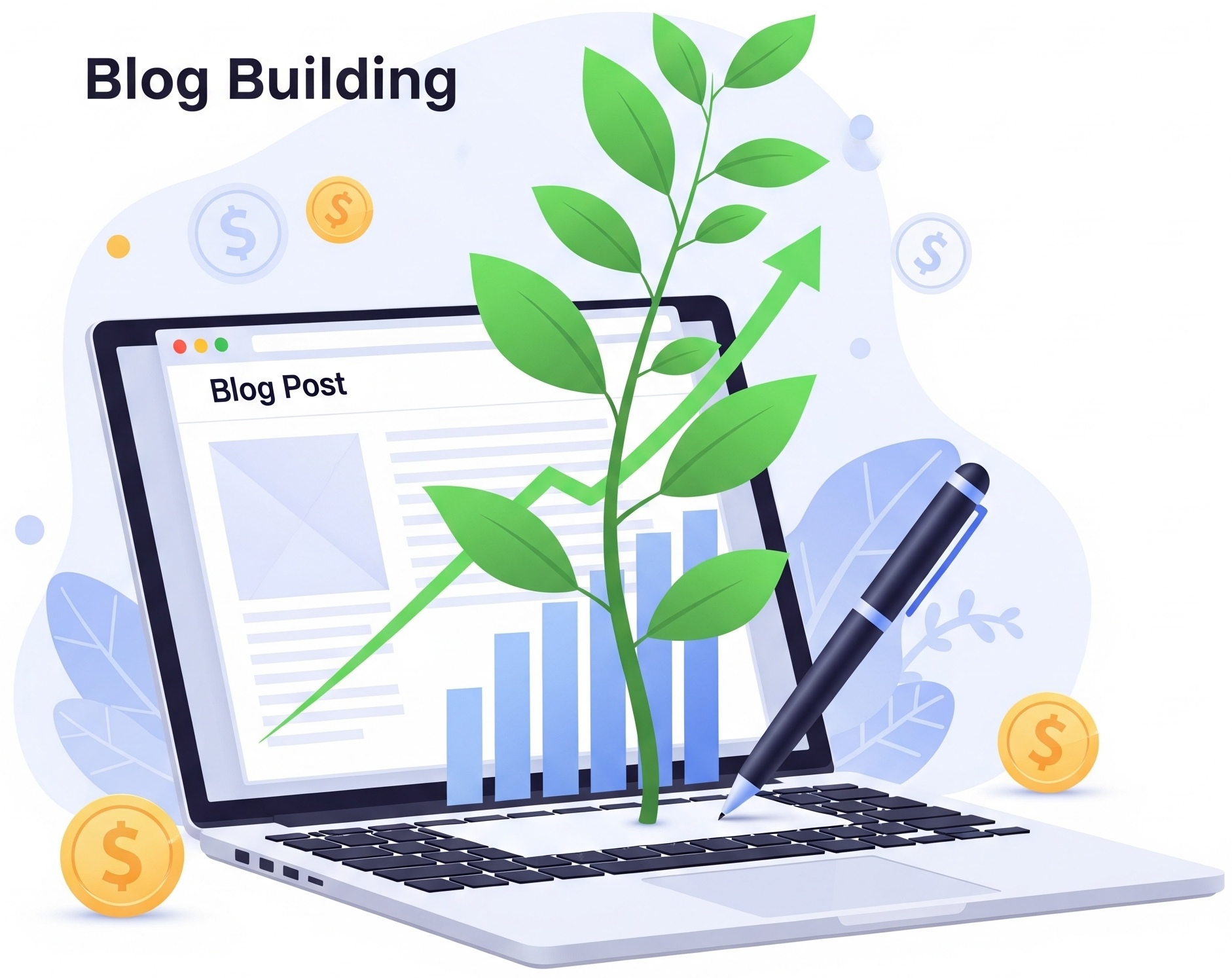 A modern and clean illustration for a blog building course, with a laptop, growth chart, and success elements.