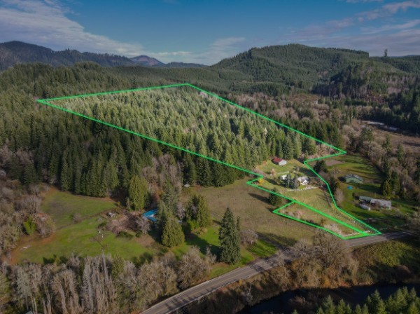 Aerial property image with lot-line context