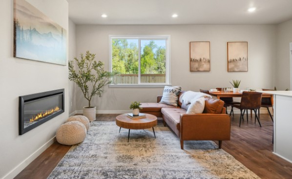 Staged living room photographed to feel warm and inviting