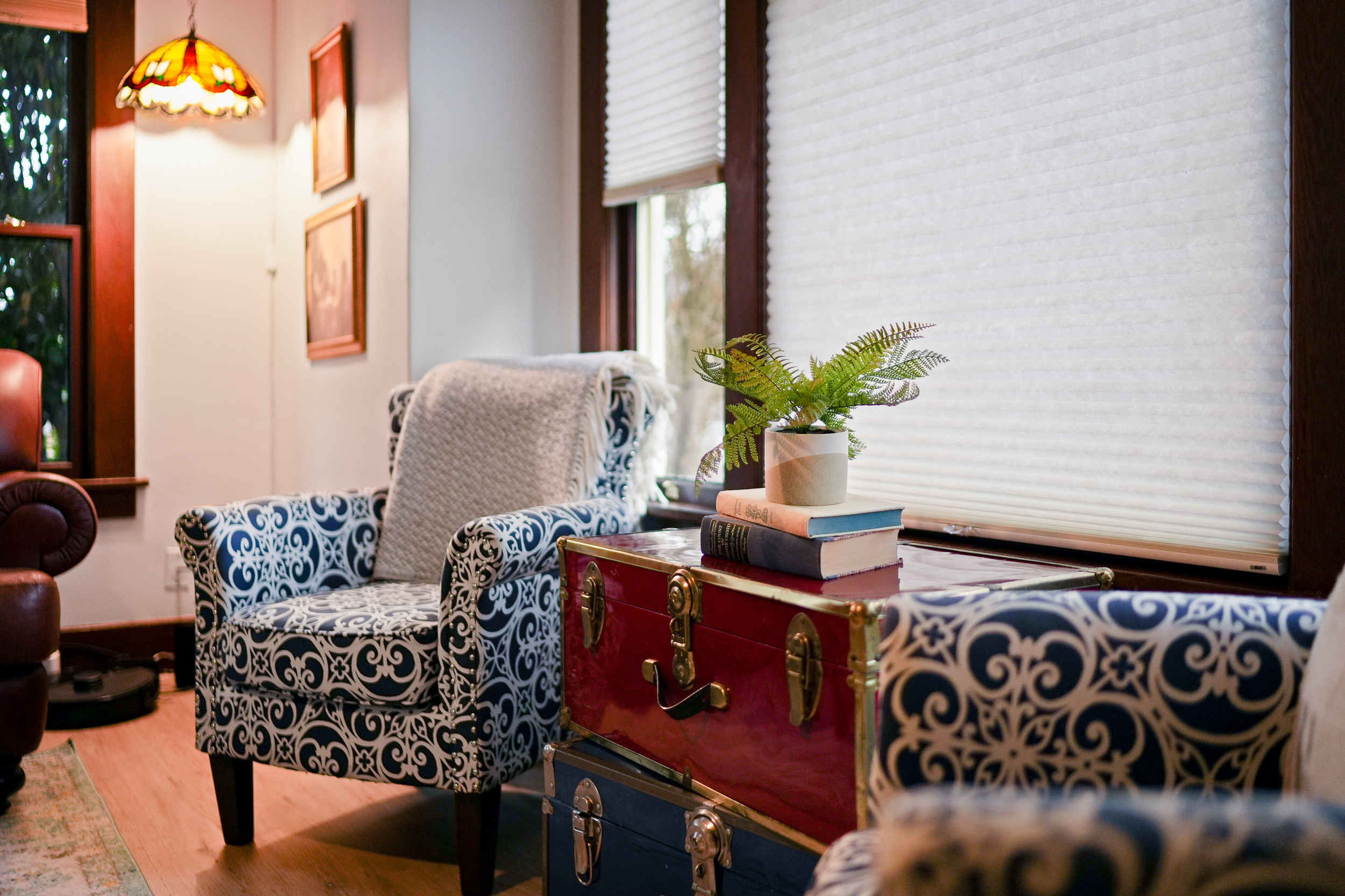 Patterned reading chairs beside books and a plant in a vacation rental