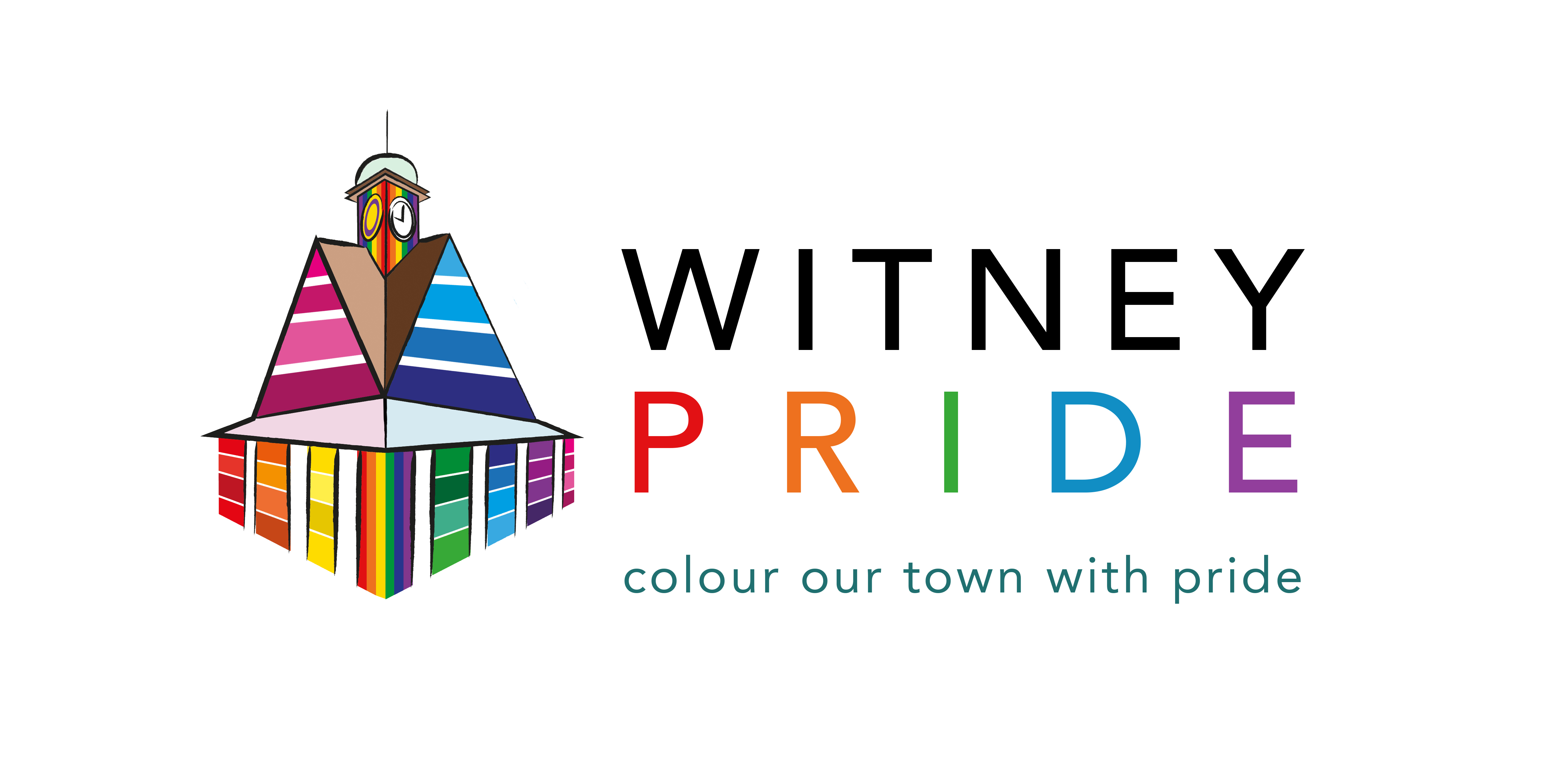Witney Pride Logo of Buttercross with Inclusive Pride Flag and text "WITNEY PRIDE colour our town with pride"