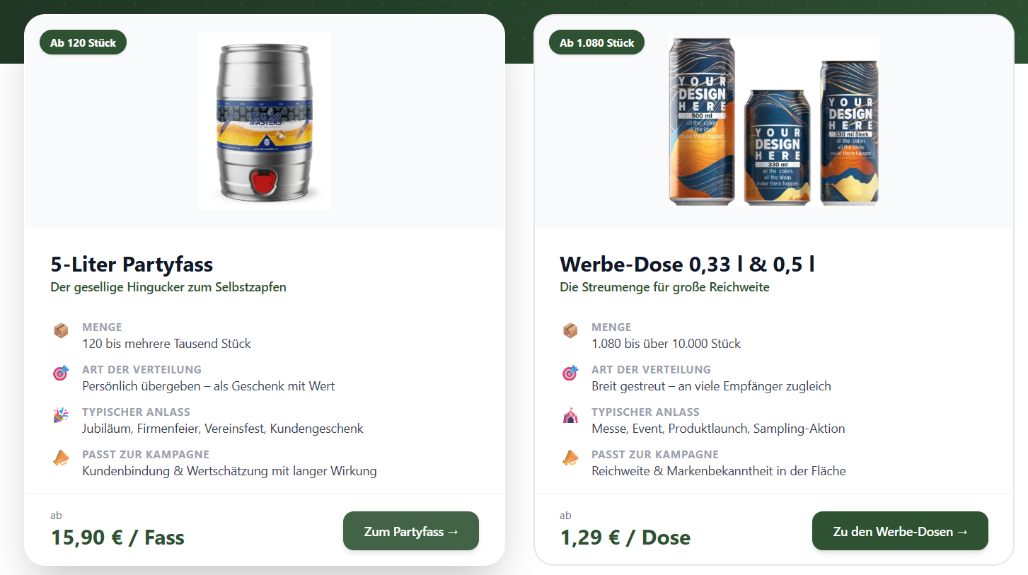 Werbebier: 5-Liter Partyfass und Werbe-Dosen mit Firmendesign