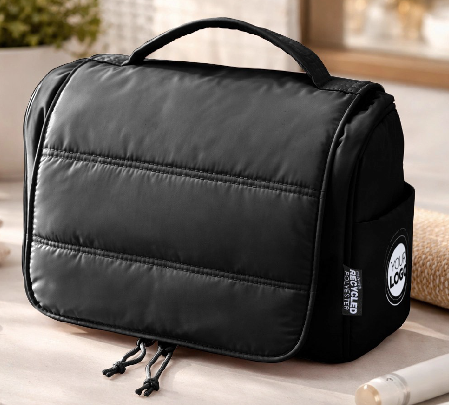 Puffer aufhängbare Kulturtasche 8L, schwarz, mit Logodruck