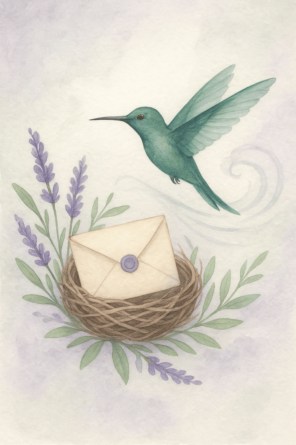 Colibrí y nido con ramitas de lavanda