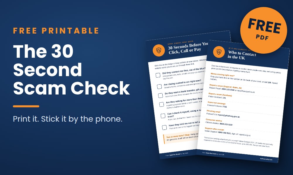 The free 30 Second Scam Check printable from Spot the Scam