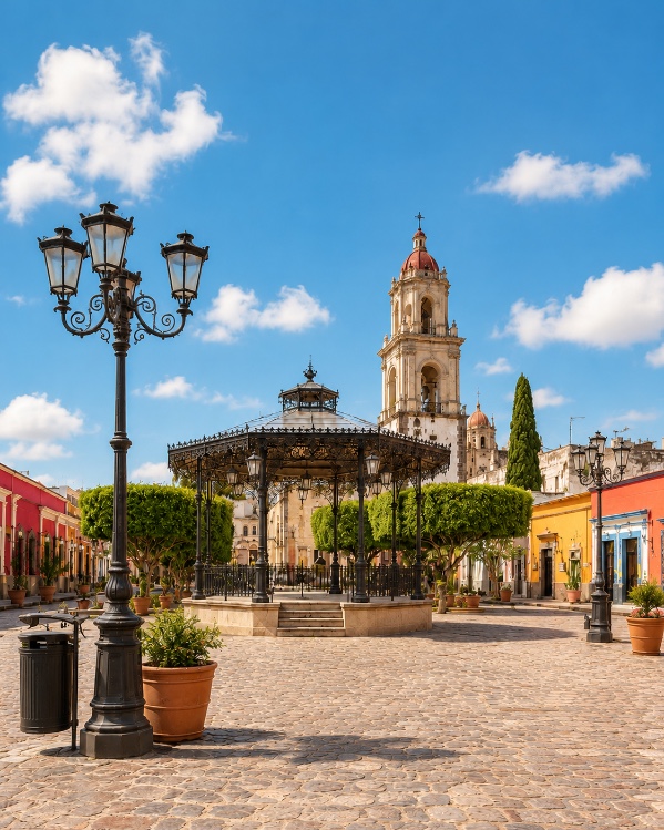 Plaza colonial con iluminación para Pueblos Mágicos