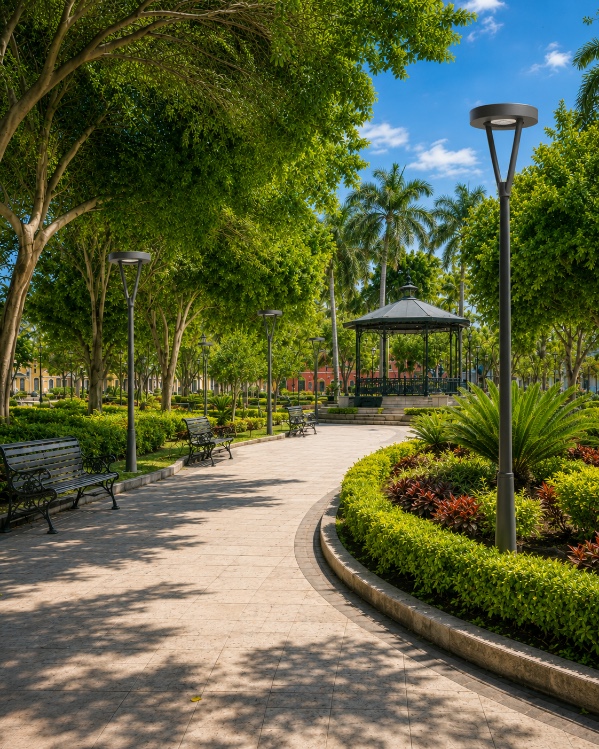 Parque y jardín con luminarias decorativas