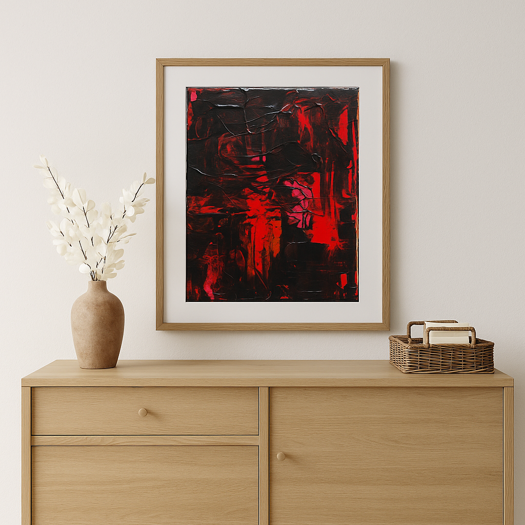 Het Vuur van de Feniks ingelijst boven een kastje