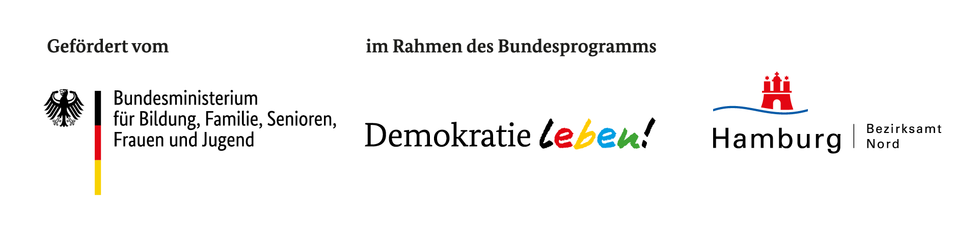 Logos des Bundesministeriums für Bildung, Familie, Senioren, Frauen und Jugend, des Bundesprogramms Demokratie leben und des Bezirksamts Hamburg-Nord